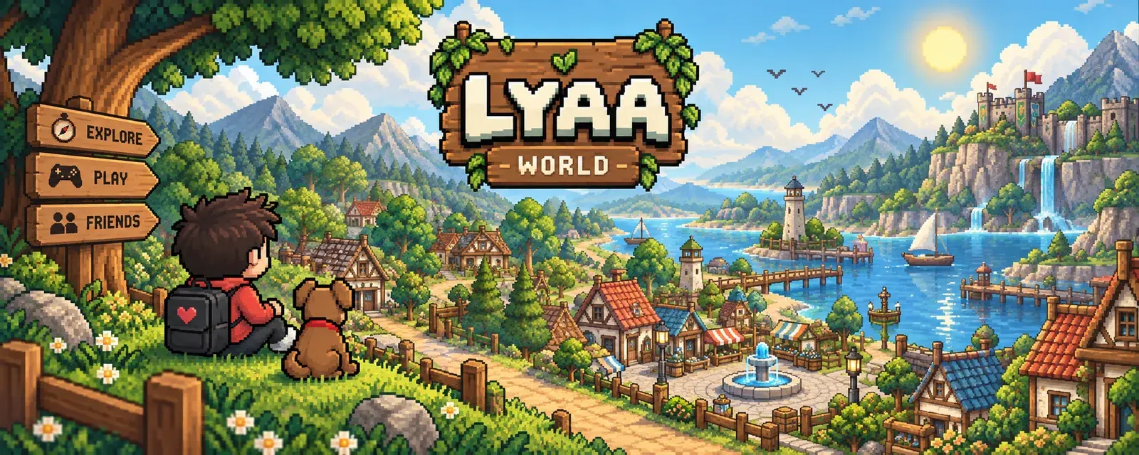 LYAA World – Pixel-Dorf mit Dorfplatz, Leuchtturm, See und Burg; ein Kind mit Hund schaut vom Hügel darauf.
