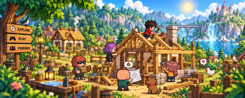 Bewohner bauen gemeinsam ein Haus mit Holzbalken, Werkzeug und Bauplan.