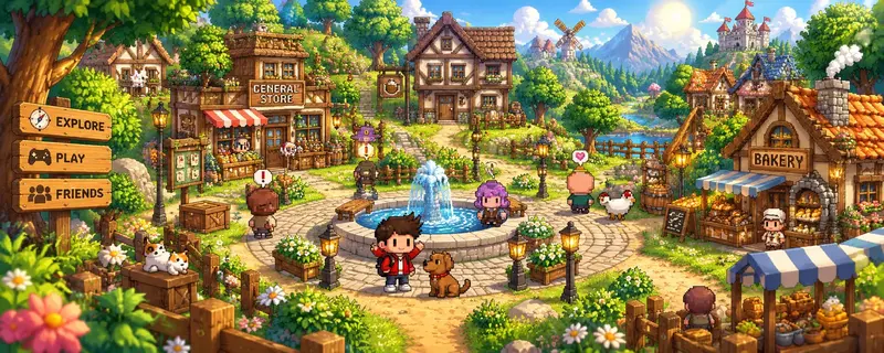 Belebter Dorfplatz mit Brunnen, Gemischtwarenladen und Bäckerei, zwischen denen Bewohner ihrem Tag nachgehen.