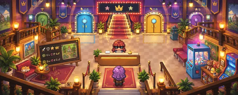 Festlich beleuchtete Lobby des Spielehauses mit farbigen Türen zu einzelnen Minispielen.